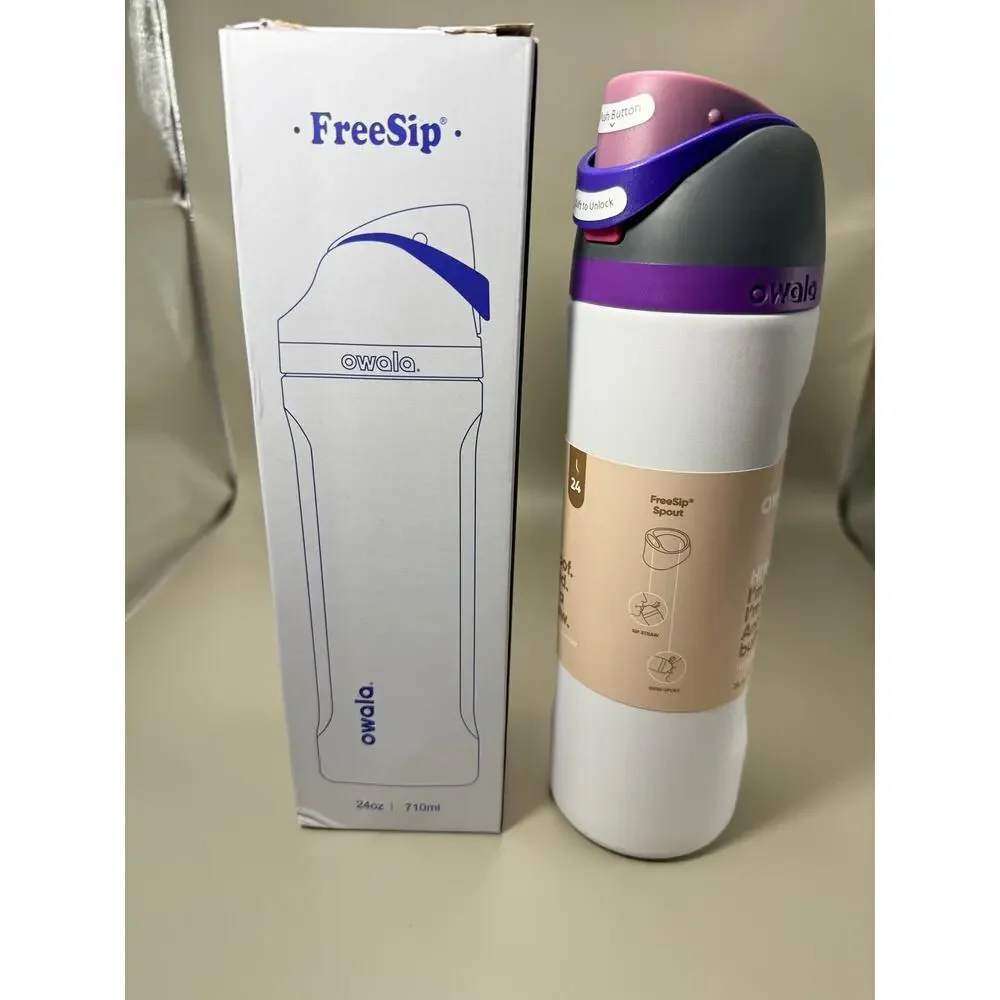 Owala FreeSip 24 oz stainless steel water bottle. 24 ounces. Leak-proof design.